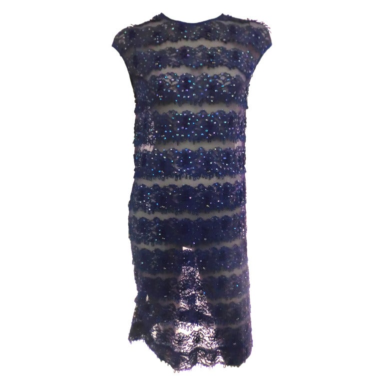 1960s Sheer Lace and Tulle Sequined Shift Dress in Cobalt Blue