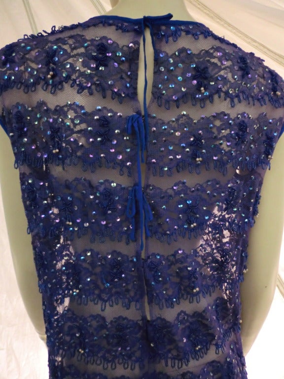 Black 1960s Sheer Lace and Tulle Sequined Shift Dress in Cobalt Blue
