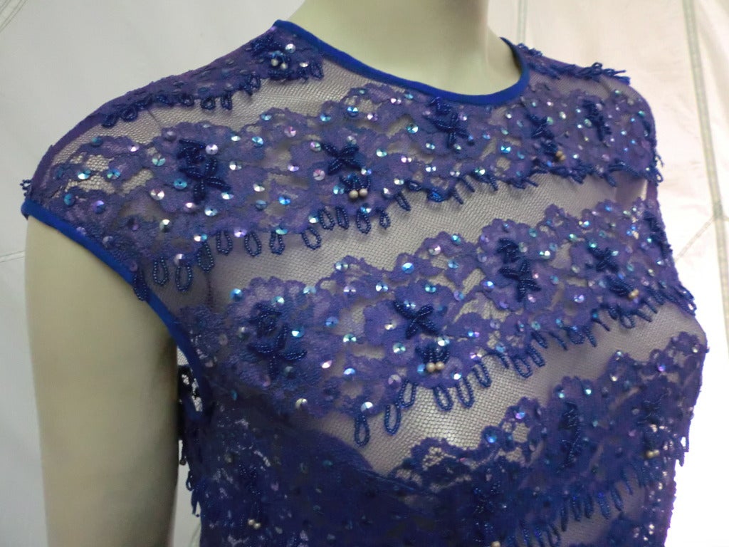 Women's 1960s Sheer Lace and Tulle Sequined Shift Dress in Cobalt Blue