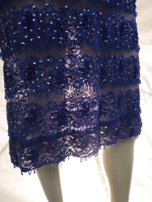 1960s Sheer Lace and Tulle Sequined Shift Dress in Cobalt Blue In Excellent Condition In Gresham, OR