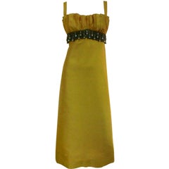 1960s Maria Wohl Empire Marigold Shantung Pleated Gown w/ Jewels