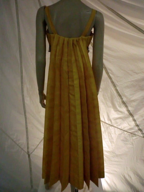 1960s Maria Wohl Empire Marigold Shantung Pleated Gown w/ Jewels In Excellent Condition In Gresham, OR