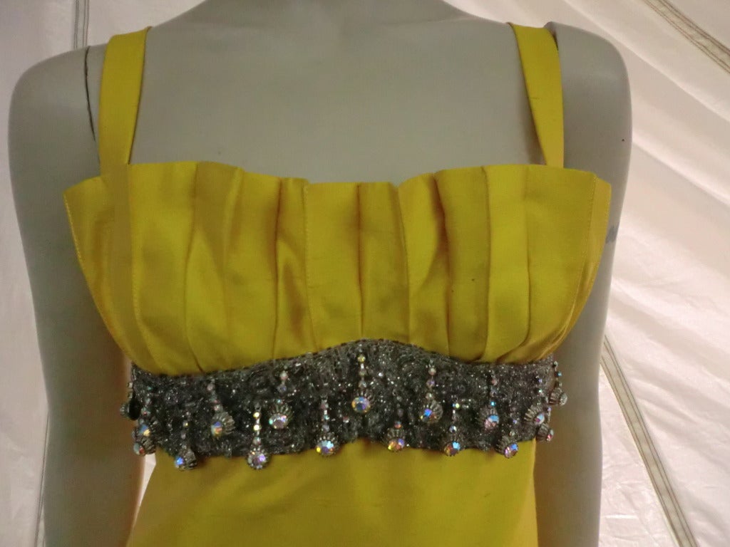 Women's 1960s Maria Wohl Empire Marigold Shantung Pleated Gown w/ Jewels