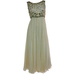 Vintage 1960s Creme Silk Chiffon Babydoll  Gown w/ Mod Mirror Embellishment