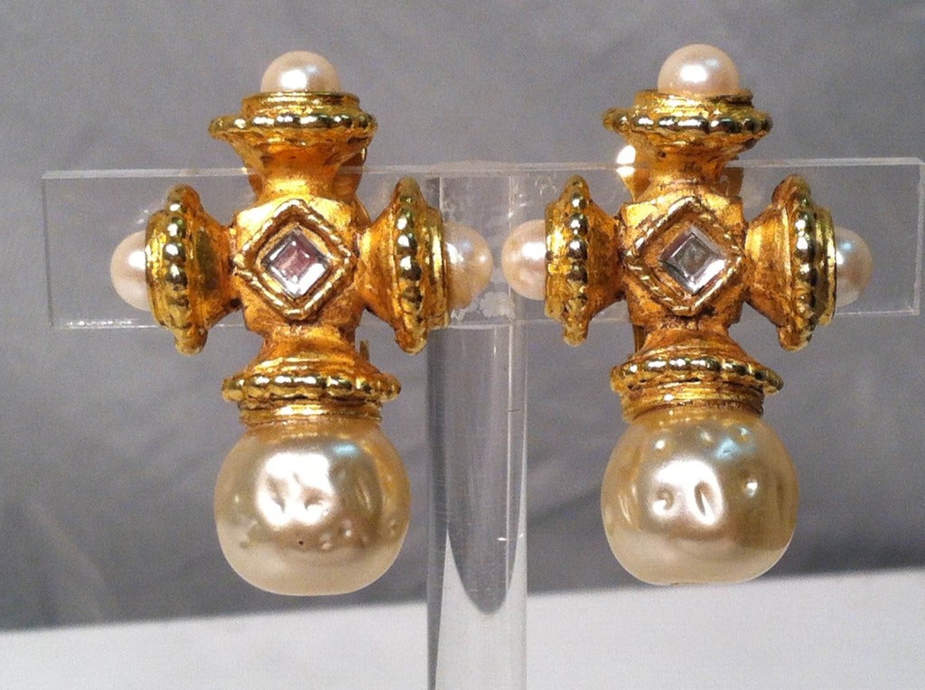 Gorgeous 1990s Prevost Baroque-Style faux pearl and gold plated cross earrings:  Clip earrings--chunky and fantastically styled with large teardrop faux pearl at bottom.