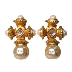 1990s Prevost Baroque Cross Faux Pearl Clip Earrings