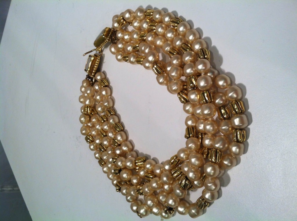 1980s Chanel 5-Strand Faux Pearl Baroque Necklace In Excellent Condition In Gresham, OR