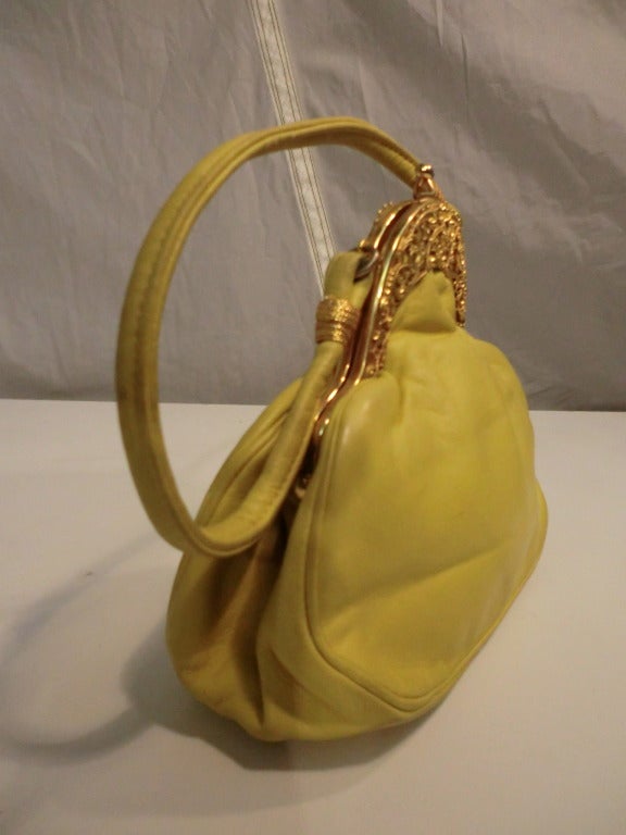 Brown 1970s Rosenfeld Lemon Yellow Leather Evening Bag w/ Filigree