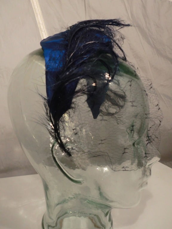 Gray 1950s Royal Blue Satin and Feather Cocktail Hat w/ Veil