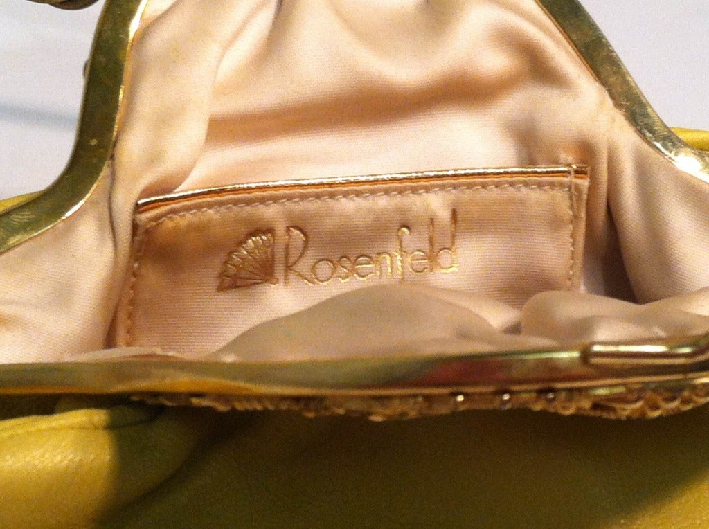 1970s Rosenfeld Lemon Yellow Leather Evening Bag w/ Filigree In Excellent Condition In Gresham, OR