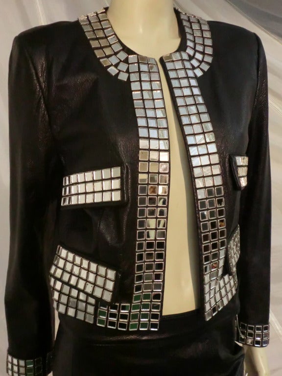Moschino Leather Skirt Suit w/ Mirror Embellishment In Excellent Condition In Gresham, OR