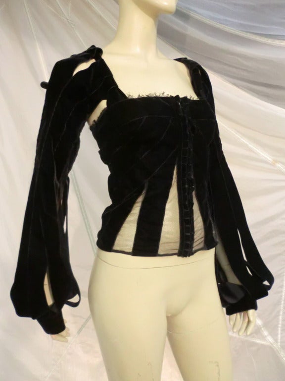 A gorgeous Yves Saint Laurent by Tom Ford 1990s silk velvet ribbon peek a boo blouse with silk chiffon insets:  zippered front, balloon sleeves.