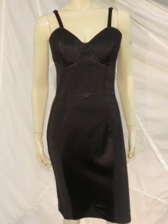 A sexy 1990s Jean Paul Gaultier cone-bra corset dress, with concentric stitched satin throughout, lingerie style straps and corset laced back (zippered for ease of use)
