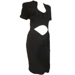 Vintage 1980s Thierry Mugler Black Lace-up Cocktail Dress w/ Midriff Cutout