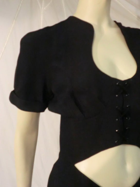 1980s Thierry Mugler Black Lace-up Cocktail Dress w/ Midriff Cutout In Excellent Condition In Gresham, OR