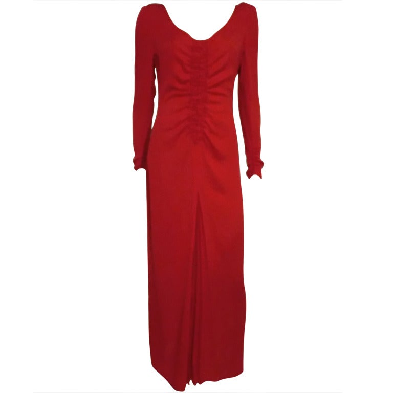 1980s Galanos Red Crepe Gown with Dramatic Slit For Sale at 1stDibs