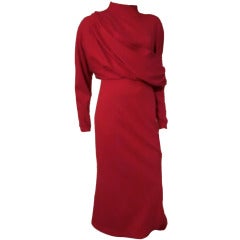 Claude Montana Red Wool Jersey Dress w/ Draped Bodice