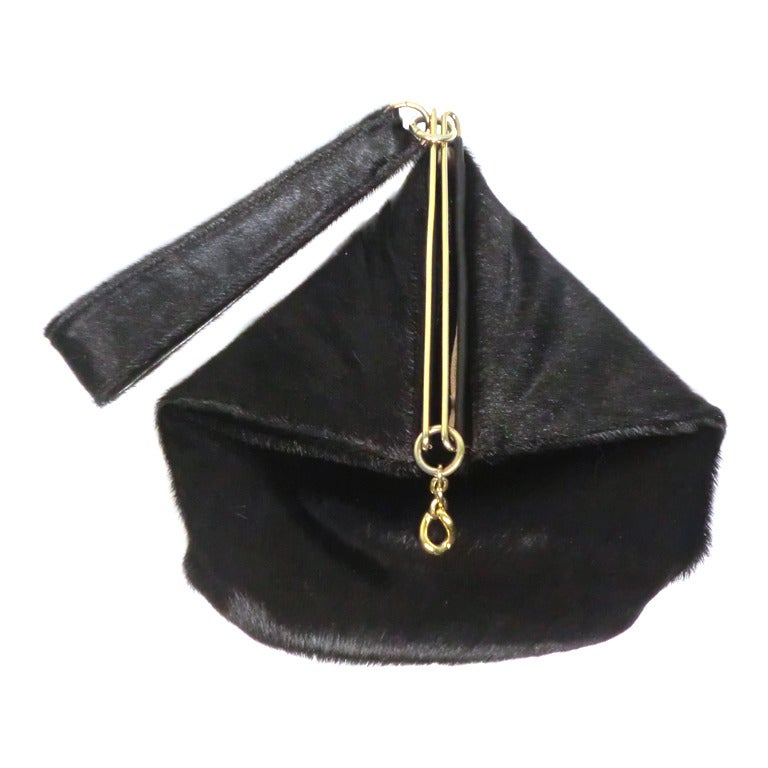 1940s Black Calf Hide Handbag w/ Incredible Closure - Suede Lined
