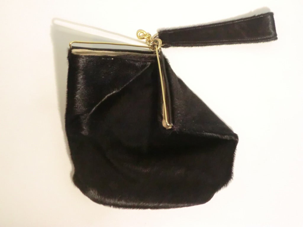 Women's 1940s Black Calf Hide Handbag w/ Incredible Closure - Suede Lined