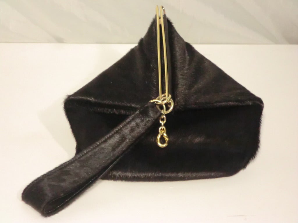 1940s Black Calf Hide Handbag w/ Incredible Closure - Suede Lined 3
