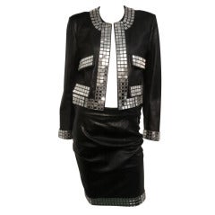Moschino Leather Skirt Suit w/ Mirror Embellishment