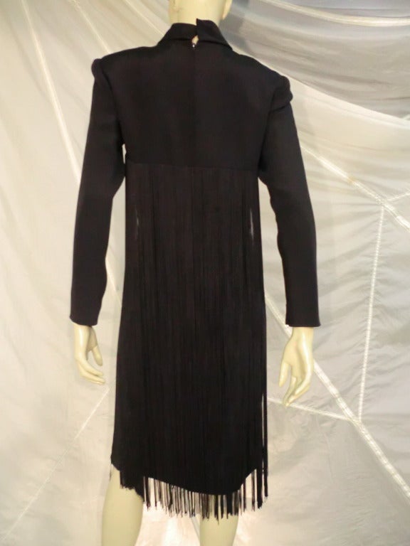 1970s Travilla Black Crepe Fringed Cocktail Dress For Sale at 1stDibs