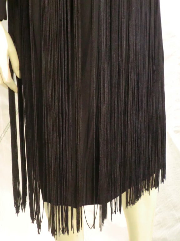 1970s Travilla Black Crepe Fringed Cocktail Dress 1