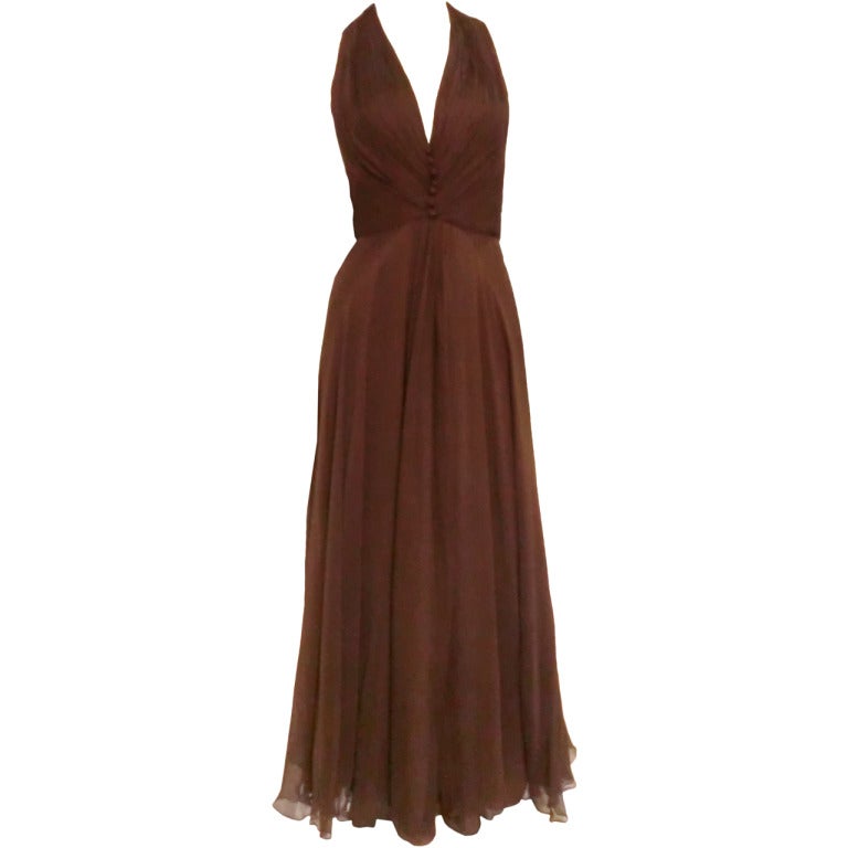 1970s Mr. Blackwell Chocolate Brown Chiffon Halter Gown