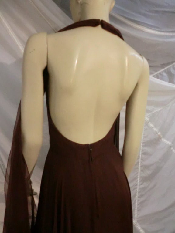 Women's 1970s Mr. Blackwell Chocolate Brown Chiffon Halter Gown