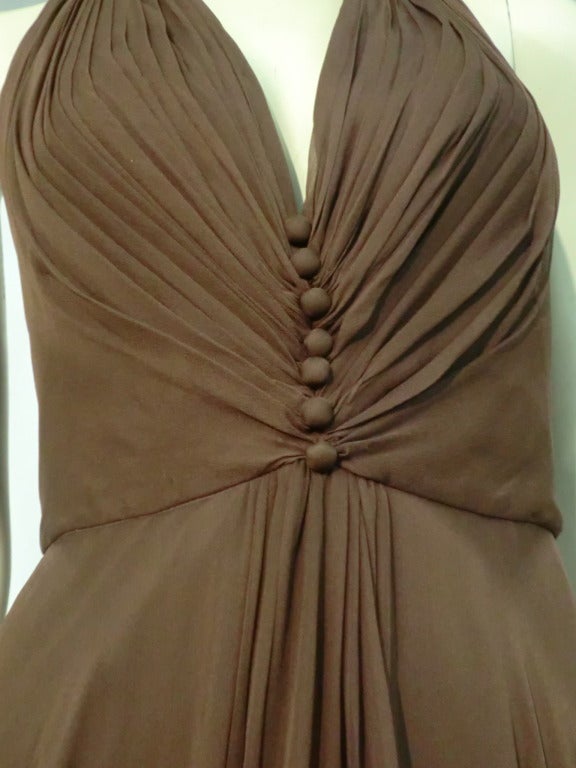 1970s Mr. Blackwell Chocolate Brown Chiffon Halter Gown 1