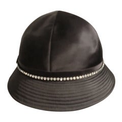 Retro 1960s Adolfo II Black Satin Hat w/ Rhinestone Band