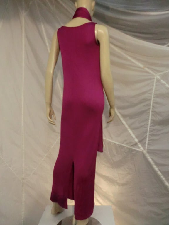 1970s Mr. Blackwell rayon jersey dress/gown in magenta: A simple tank style column gown with an extra long matching jersey wrap/stole edged in rhinestones! Center back slit. Gorgeous simplicity!