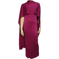 1970s Mr. Blackwell Magenta Rayon Jersey Disco Dress w/ Rhinestone Wrap