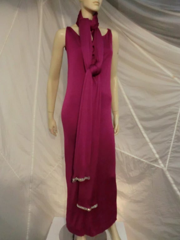 1970s Mr. Blackwell Magenta Rayon Jersey Disco Dress w/ Rhinestone Wrap In Good Condition In Gresham, OR