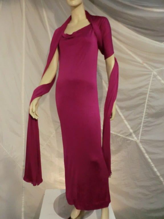 Women's 1970s Mr. Blackwell Magenta Rayon Jersey Disco Dress w/ Rhinestone Wrap
