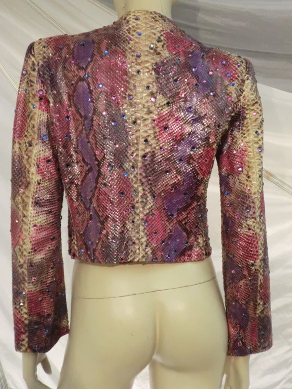 1980s Bill Blass Painted and Rhinestone Embellished Snakeskin Jacket In Excellent Condition In Gresham, OR