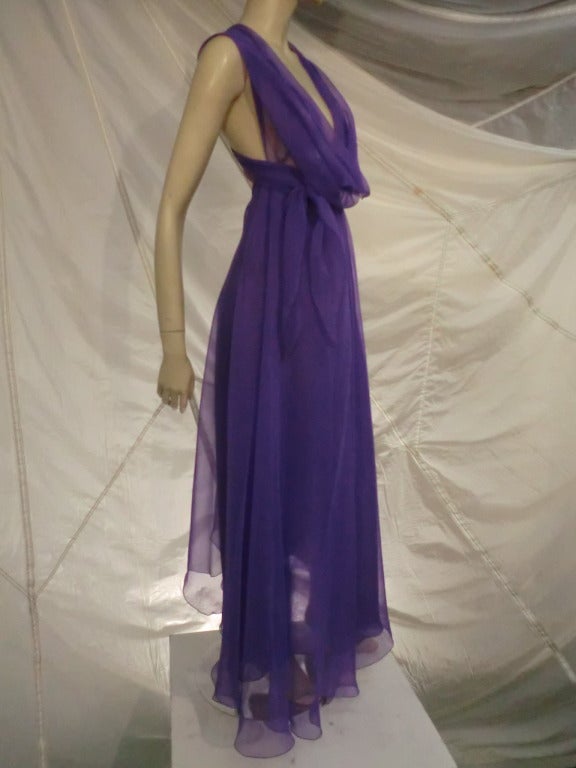 1970s Stephen Burrows Vivid Purple Chiffon Disco Dress