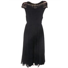 1940s Fred A. Block Navy Crepe Dress with Crochet Neckline and Full Skirt 9