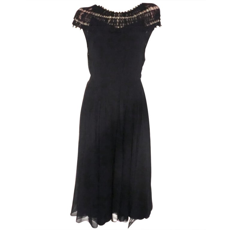 1940s Fred A. Block Navy Crepe Dress with Crochet Neckline and Full Skirt