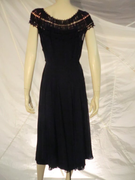 Black 1940s Fred A. Block Navy Crepe Dress with Crochet Neckline and Full Skirt