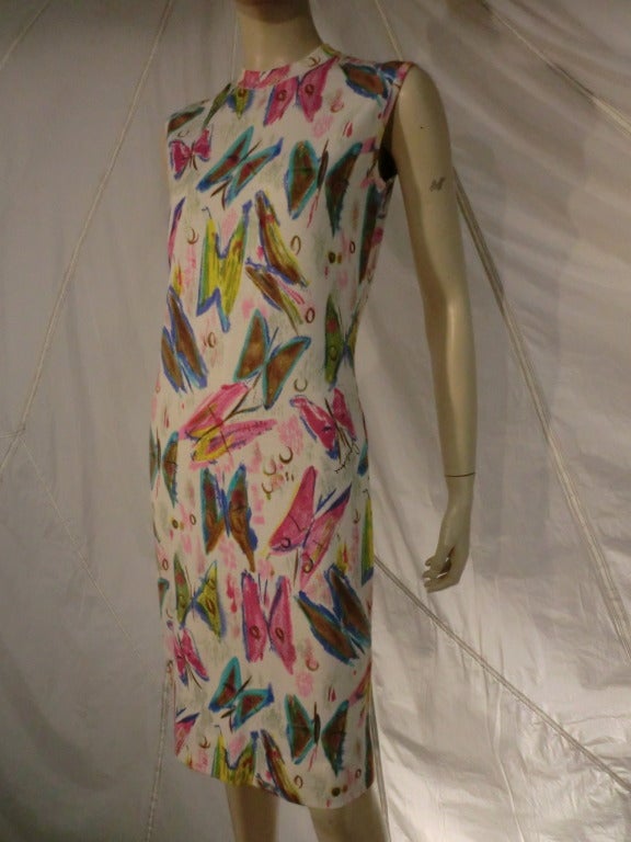 1960s Goldworm Wool Jersey Butterfly Printed Shift Dress 2