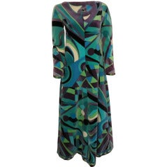 1960s Emilio Pucci Velveteen Maxi Dress in Turquoise and Geometrics