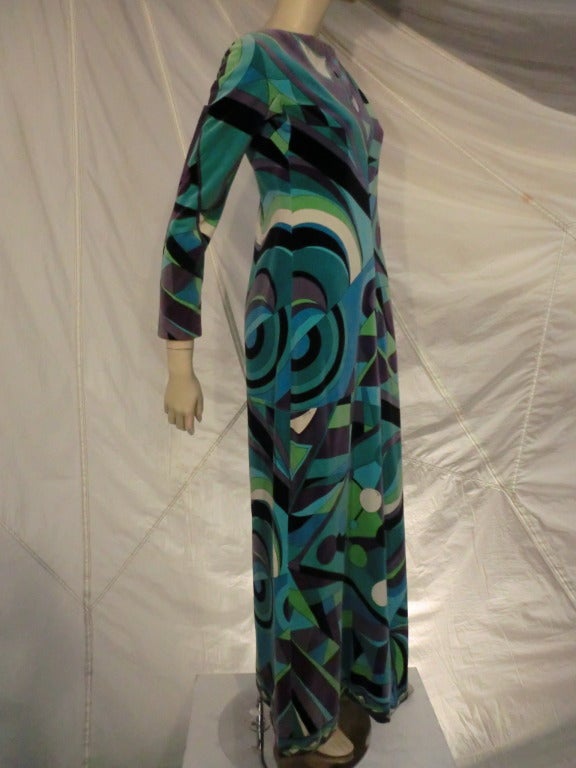 A wonderful 1960s Emilio Pucci hostess dress in geometric print velveteen.  Gorgeous.  Can be with zipper in front or back depending on the textile print desired.