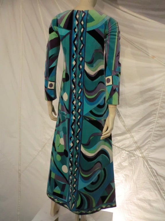 Black 1960s Emilio Pucci Velveteen Maxi Dress in Turquoise and Geometrics