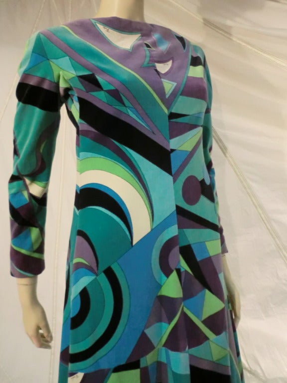 1960s Emilio Pucci Velveteen Maxi Dress in Turquoise and Geometrics In Excellent Condition In Gresham, OR
