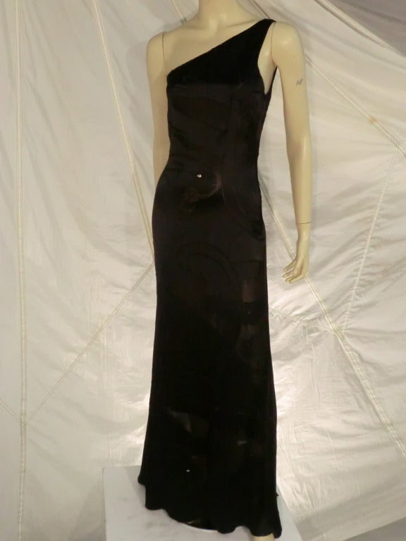Black 1990s New With Tags Valentino Silk Jaguar Jacquard Gown w/ Train and Rhinestones