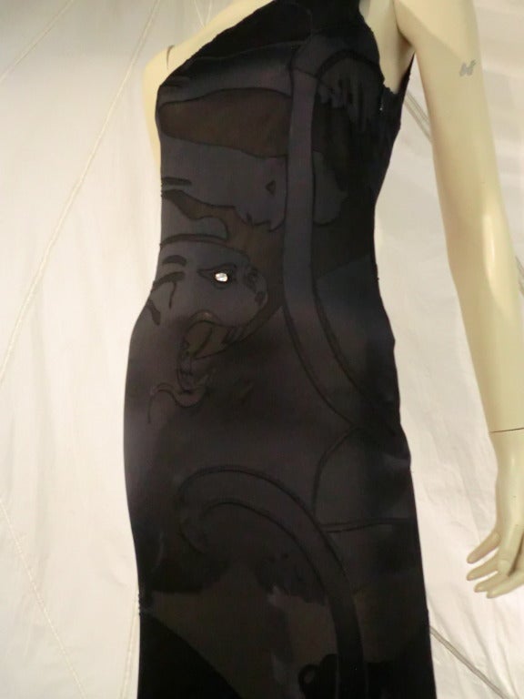 1990s New With Tags Valentino Silk Jaguar Jacquard Gown w/ Train and Rhinestones 1