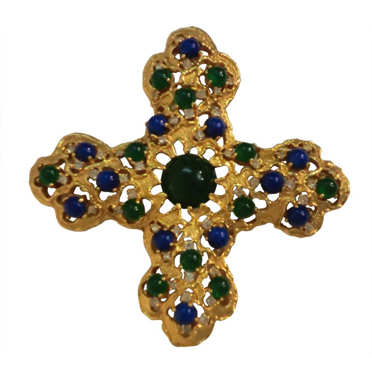 Large 1970s Cabochon Embellished "Byzantine-Style" Cross