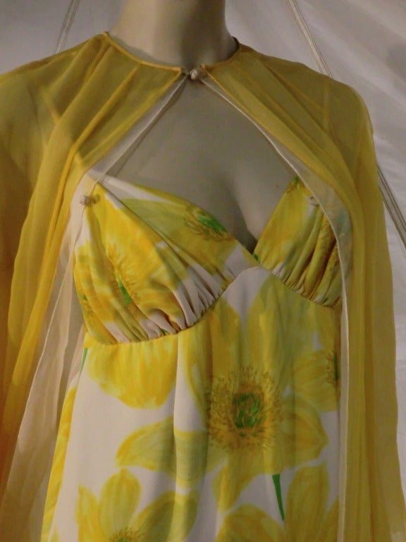 Women's 1960s James Galanos for Amelia Gray Daisy Print Column Gown w/ Silk Duster