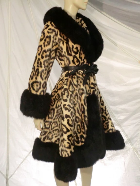 1960s Faux Leopard Princess Coat w/ Fox Fur Trim and Leather Belt at ...